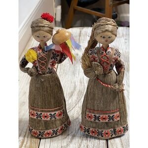 Set of (2) Vintage RUSSIAN CORN HUSK Embroidery/Wood Dolls 10" tall